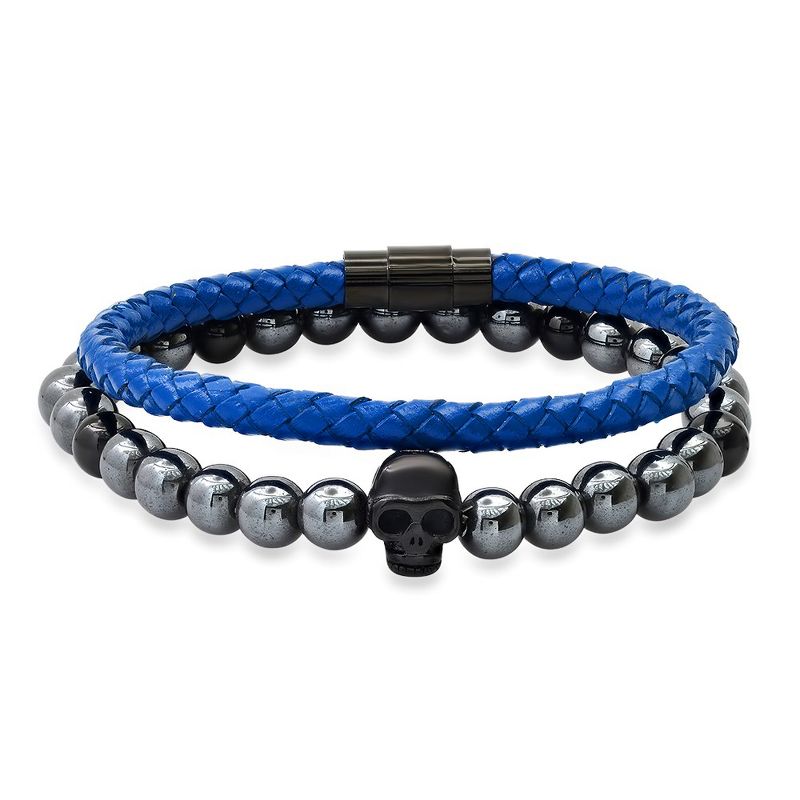 Steeltime Men's 2pc set hematite & black ip stainless steel and blue leather/black ip stainless steel bracelet