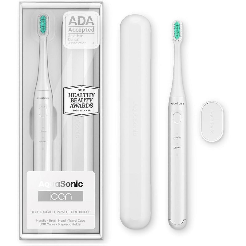 AquaSonic Icon Rechargeable Electric Toothbrush - ADA Accepted, Magnetic Holder, Slim Travel Case, 2 Brushing Modes, Timer White