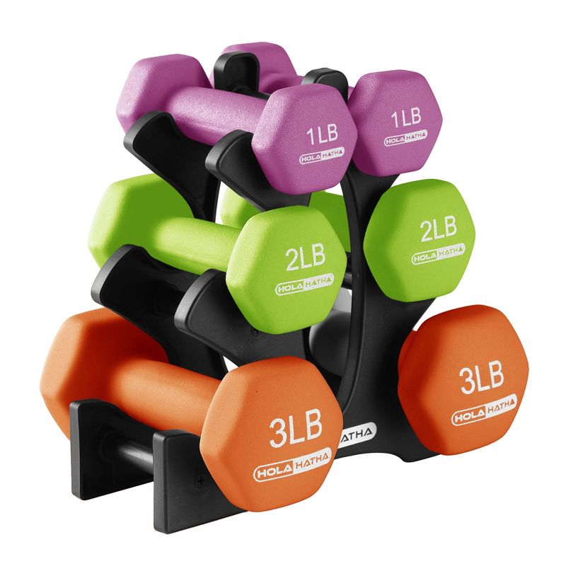 HolaHatha 1, 2, and 3 Pound Neoprene Dumbbell Weight Set with Storage Rack Stand, Ideal Strength Training Home Gym Workout Equipment for Muscle Toning