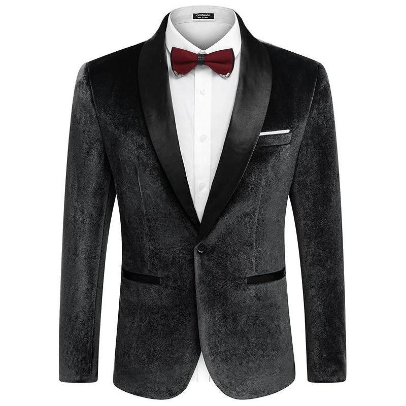COOFANDY Men's Velvet Tuxedo One Button Jacket Dinner Prom Wedding Blazer Jacket Black M
