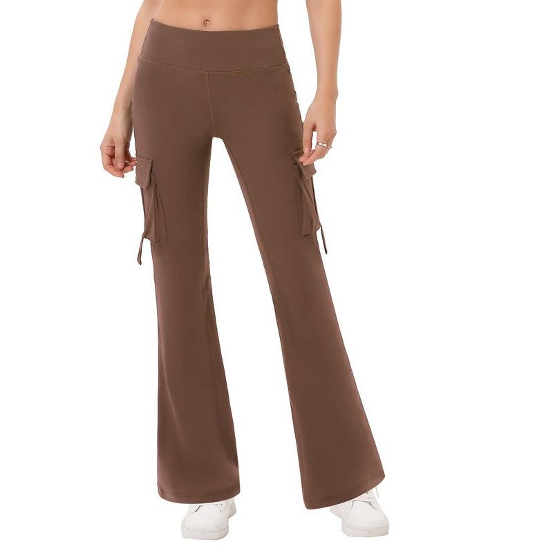 Womens High Waist Bootcut Pants with Thigh Pocket Bootcut Solid Stretchy Sport Pants Cargo Style Bootcut Pants - Brown L