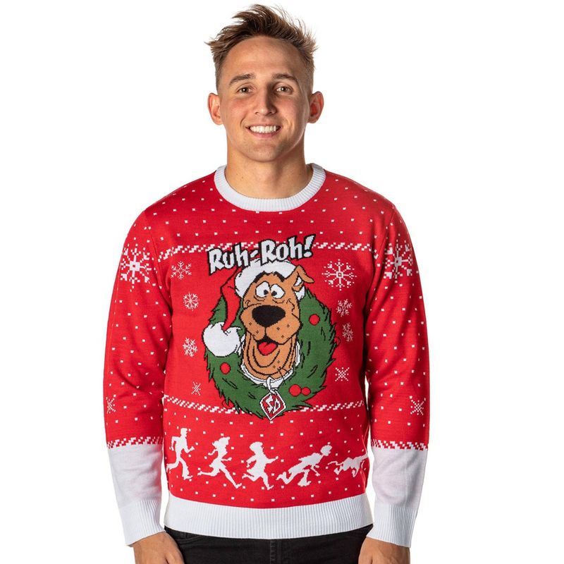 Scooby Doo Men's Ruh-Roh! Santa Scooby Christmas Ugly Sweater Knit Pullover (XX-Large) Red