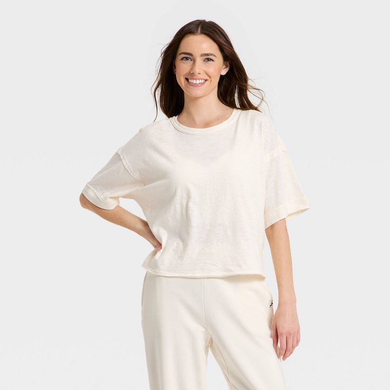 Women's Slub Boxy Short Sleeve Top - JoyLab™ Cream XXL