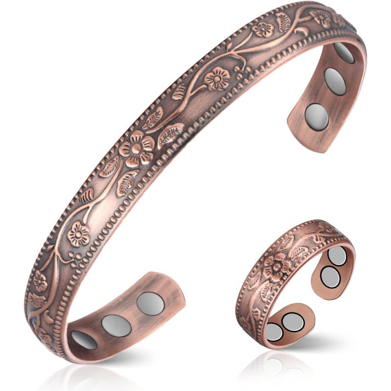 Vintage Flower Magnetic Cuff Bangle, 99.99% Pure Copper with Neodymium Magnets, Adjustable Copper 3X Strength with Ring 6.77