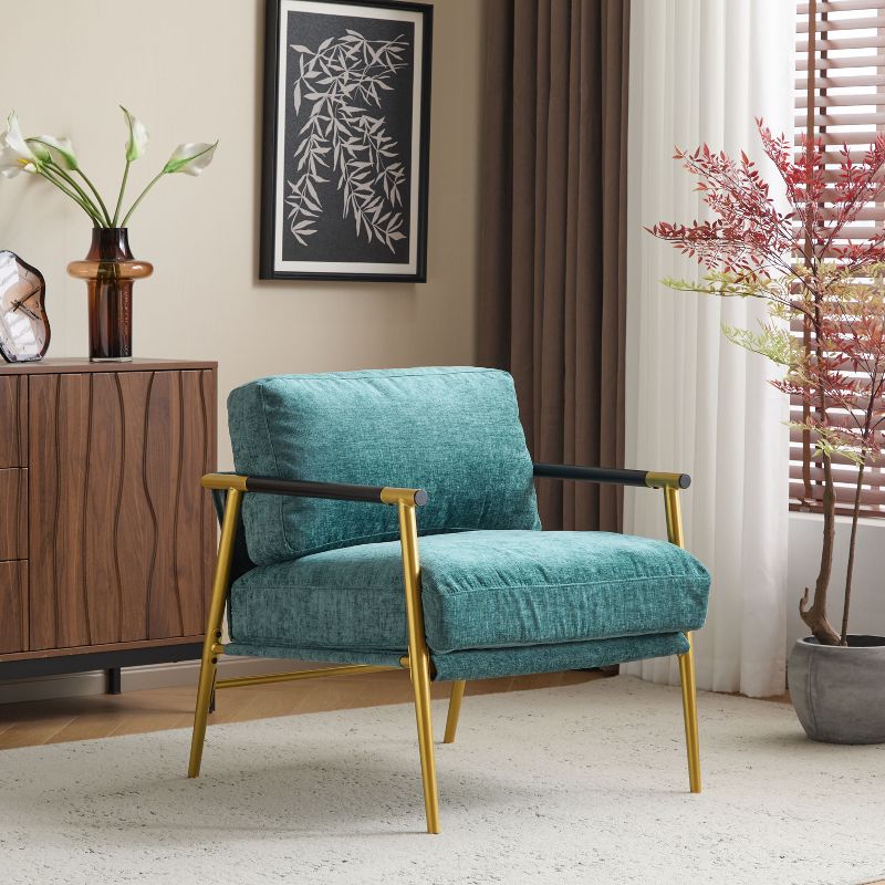 PAGED Modern Accent Chair, Arm Chair with Metal Frame and Wooden Armrest, Comfy Reading Chair for Bedroom, Living Room Furniture, Gold+Teal Blue