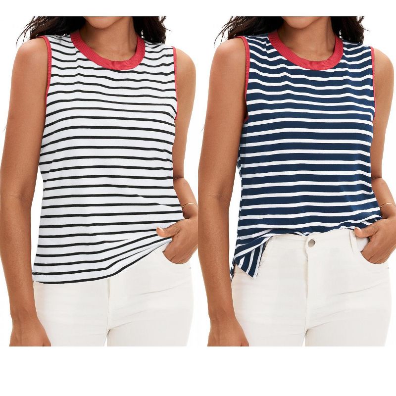 ATHLECHIC Women's Striped Color Block Side Slits Crew Neck Casual Sleeveless Shirts 2 Packs White Red/Dark Blue Red X-Large