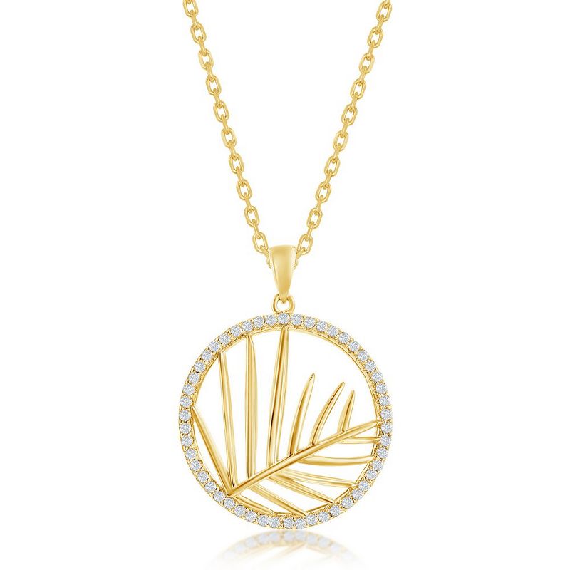 Bella Silver Sterling Silver Round CZ Outline w/ Center Cut-Out Leaf 18" Pendant Necklace - Gold Plated - Gold