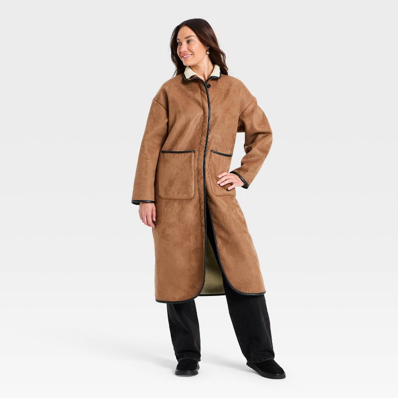 Women's Faux Suede Long Coat - Universal Thread™ Tan XS