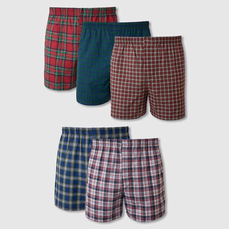 Hanes Men's Tartan Plaid Woven Boxer Shorts 5pk - Red/Brown/Blue XL: Tagless, Breathable, Moisture Wicking