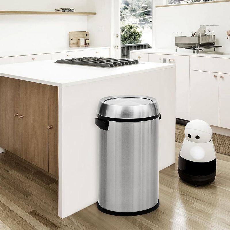 17 Gallon Swing Top Trash Can, Round Waste Container with Handle, Commercial Grade Stainless Steel Recycling Bin for Kitchen, Office, Outdoor, Silver