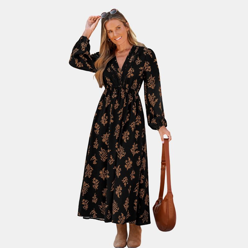 Women's Elegant Floral Maxi Dress with Billowy Sleeves - Cupshe-S-Black