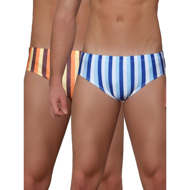 Lars Amadeus Men's Elastic Waist Color Block Stripe Pattern Summer Swim Briefs 2 Pack Blue/Orange 34