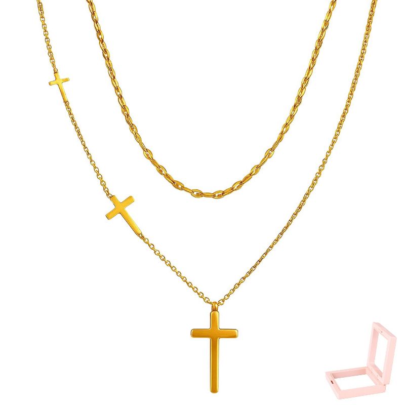 Gold-Tone Multi-Layer Cross Necklace Set, Religious Symbol Jewelry for Women, Daily & Styling Occasions