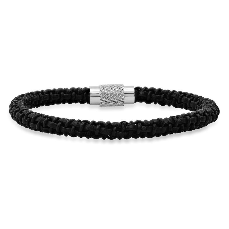 Steeltime Mens black braided leather and stainless steel bracelet