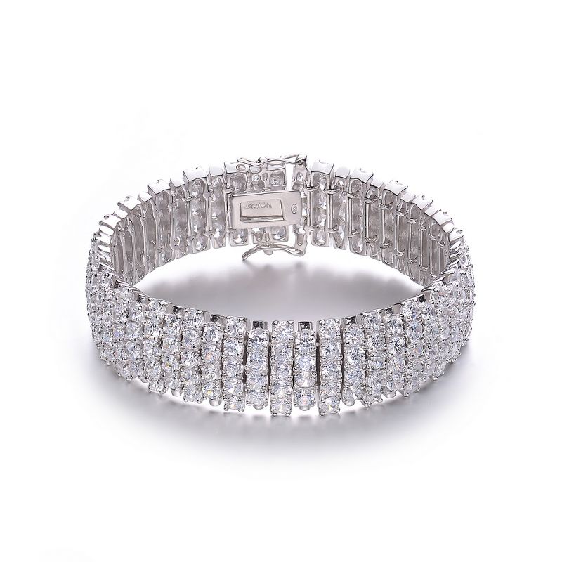 Guili Cubic Zirconia Sterling Silver Rhodium Plated Wide Elegant Bracelet, Sleek and Radiant Jewelry Piece for a Refined, Classic Look