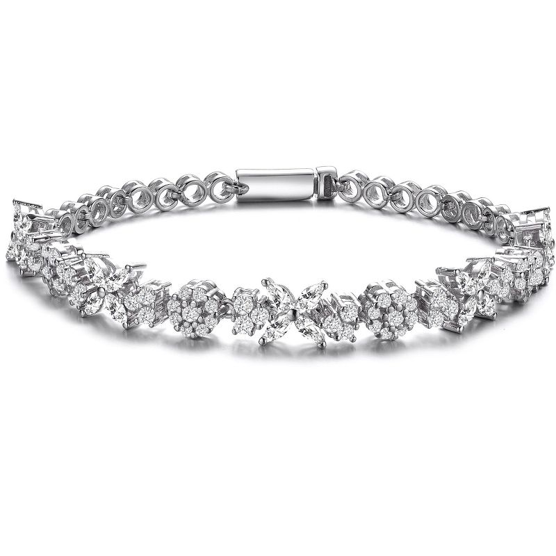 Guili Sterling Silver Rhodium Plated Clear Round and Marquise Cubic Zirconia Cluster Flower-Inspired Tennis Bracelet, Radiant Elegance