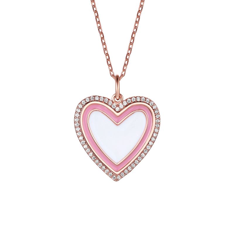 Guili Kids/Teens 18k Rose Gold Plated with Clear Cubic Zirconia and Enamel Halo Heart Pendant Necklace, A Lovely & Heartfelt Jewelry Gift