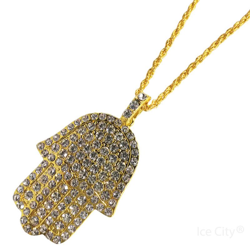 Ice City Men's Iced Hamsa Hand Pendant Necklace, Cubic Zirconia Jewelry - Gold