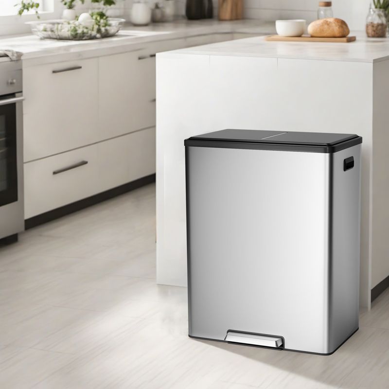 Dual Compartment 16 Gallon/60L Step Trash Can, Stainless Steel Kitchen Recycling Bin with Removable Buckets & Soft-Close Lid, Silver
