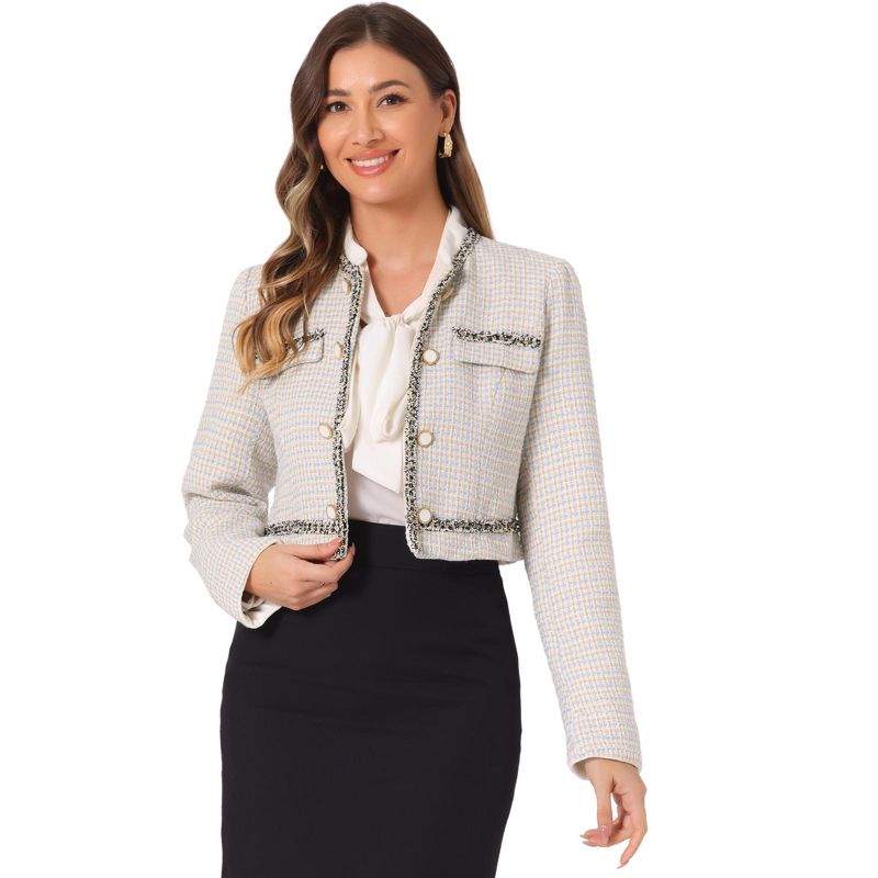 INSPIRE CHIC Women's Double Breasted Open Front Elegant Plaid Tweed Crop Blazer Light Blue Large
