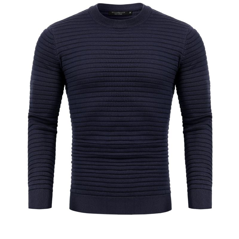 Crew Neck Sweater for Mens Knitted Pullover Sweaters with Solid Stripe Navy Blue XXL
