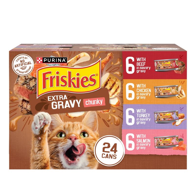 Purina Friskies Extra Gravy Chunky Chicken, Turkey, Salmon & Beef Wet Cat Food - 5.5oz/24ct Variety Pack
