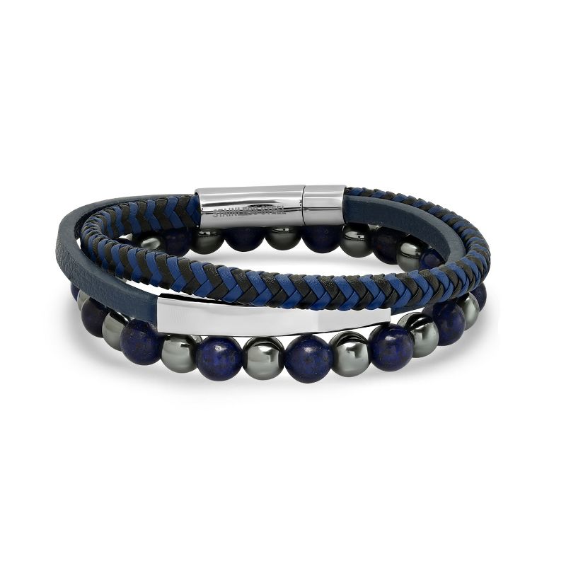 Steeltime Men's 2pc set navy blue leather/stainless steel and lapis/hematite beaded braceles