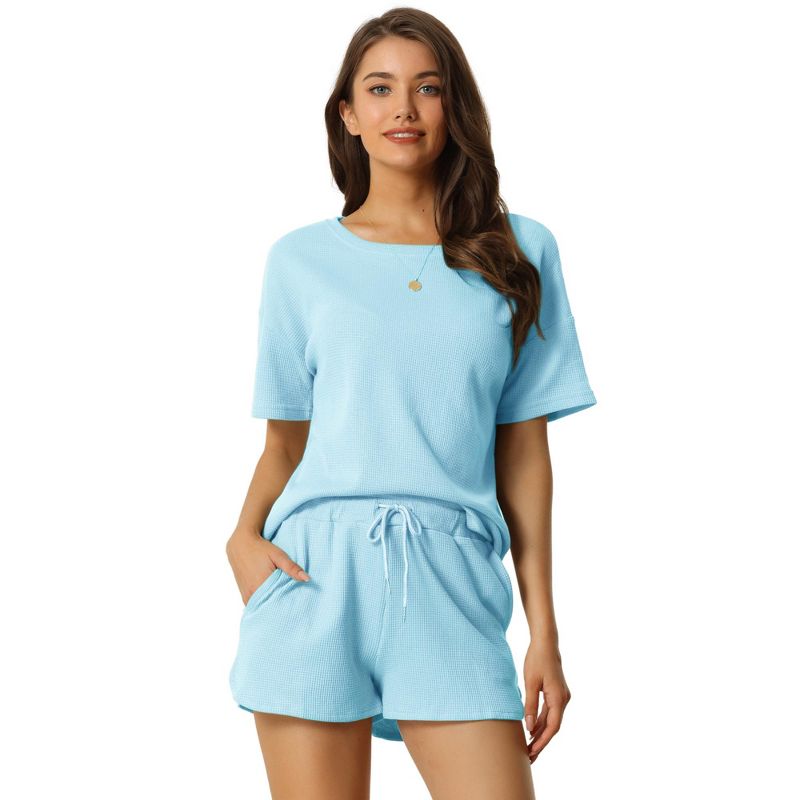 cheibear Women's Waffle Knit Casual Pullover Short Sleeve Tops with Shorts Lounge Pajama Sets Small Light Blue