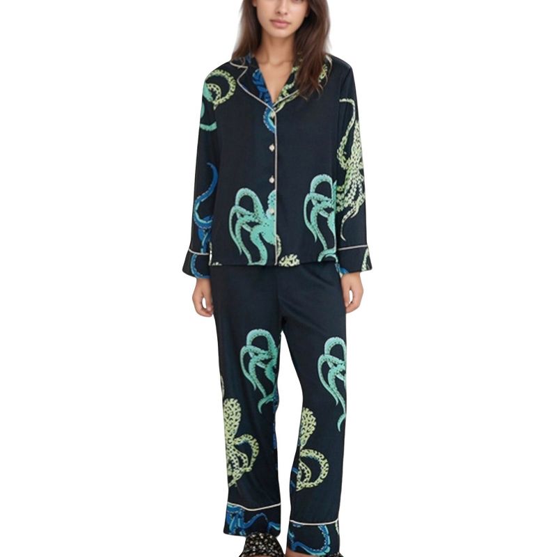 Anna-Kaci Lounge Women's Octopus Print Pajama Set with Button Front Long Sleeve Top and Relaxed Fit Wide Leg Woven Pants - Small, Black