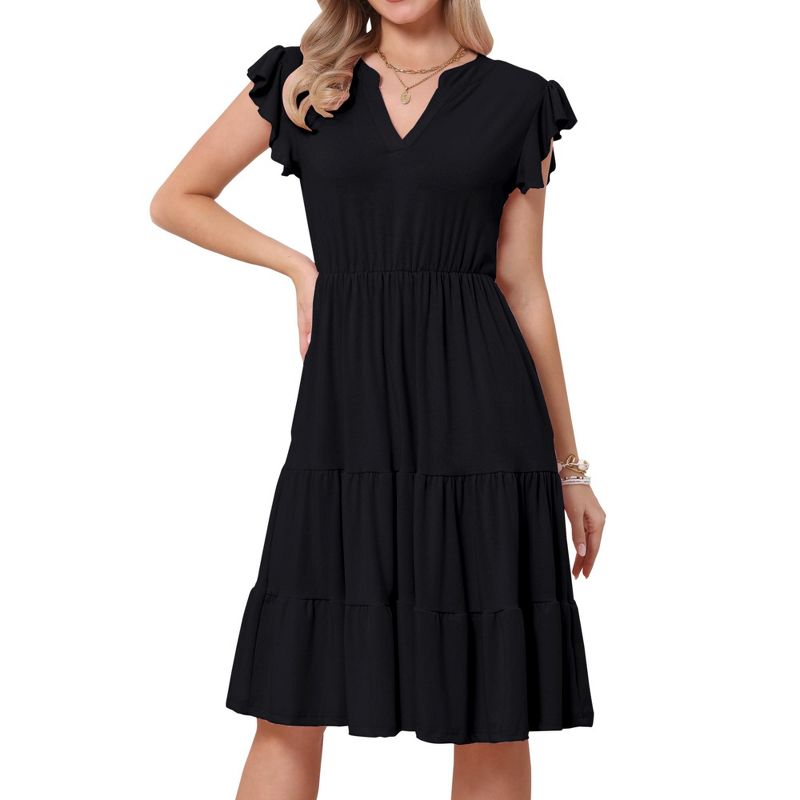 INSPIRE CHIC Women's Summer Tiered V Neck Ruffle Cap Sleeve Flowy A-Line Midi Dresses XX-Large Black
