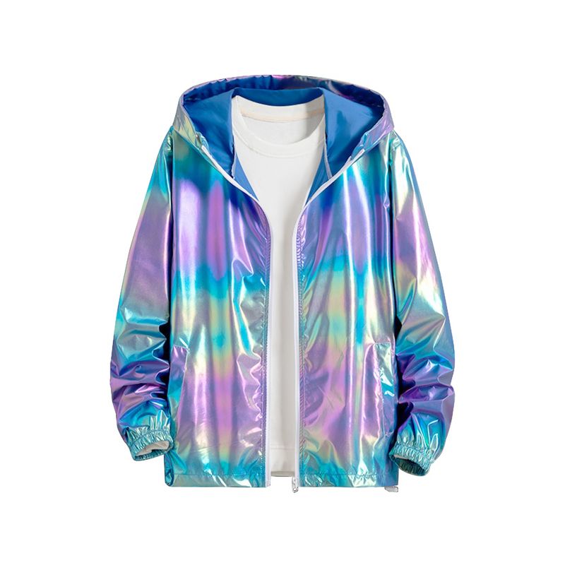 INSPIRE CHIC Men's Metallic Lightweight Zip-Up Holographic Hooded Jackets Blue Purple Medium