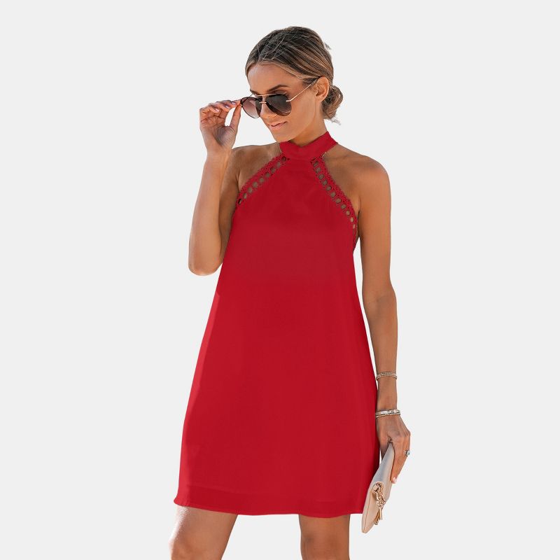 Women's Elegant Halter Neck Crochet Trim Dress - Cupshe-M-Red