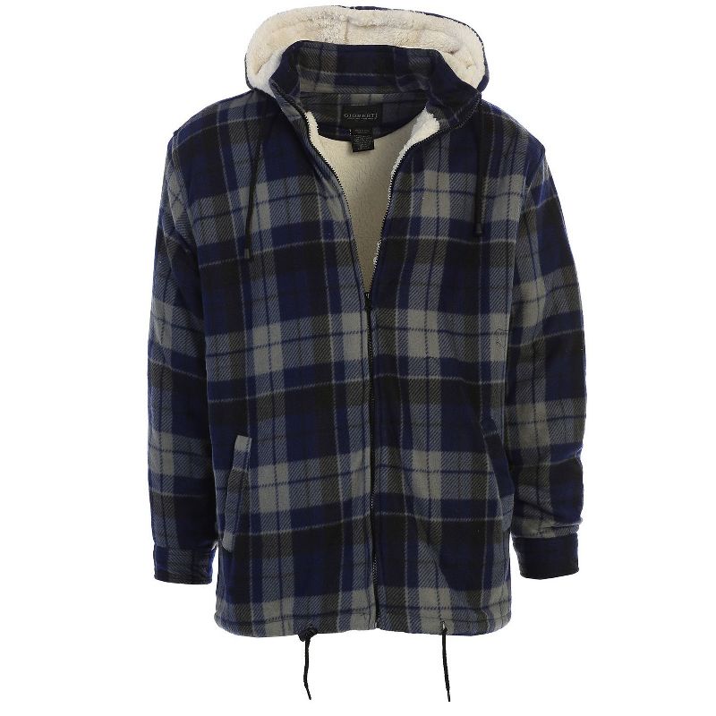 Gioberti Men's Faux Shearling Lined Flannel Jacket with Removable Hood, Navy / Gray, L