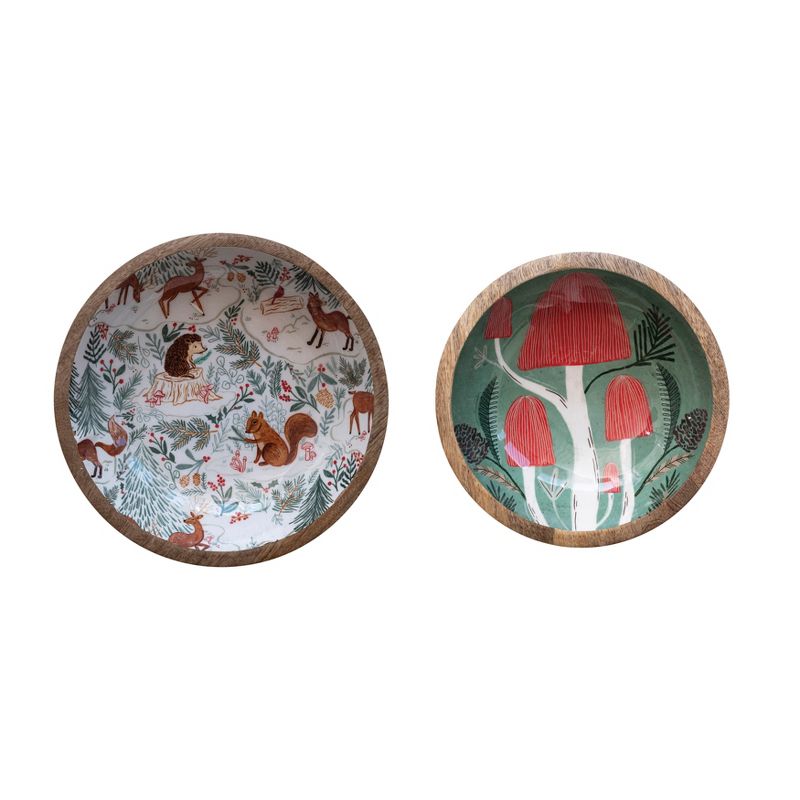 Storied Home Enameled Mango Wood Bowls with Woodland Flora/Fauna Pattern, Multi Color, Set of 2