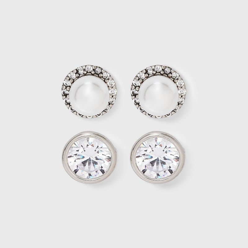 Halo Pearl and Large Round Bezeled Cubic Zirconia Stud 2pc Earrings - A New Day™