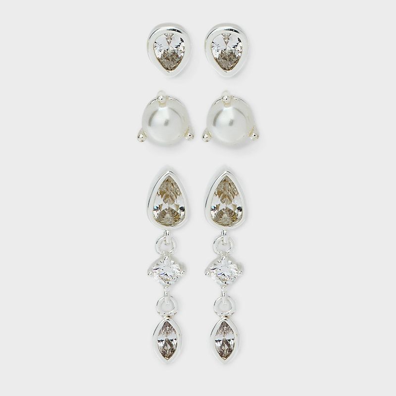 Silver Plated Pearl Bezzled Cubic Zirconia Dangle Stud Earring Set 3pc - A New Day™: Brass, Nickel-Free, Gift Box Included