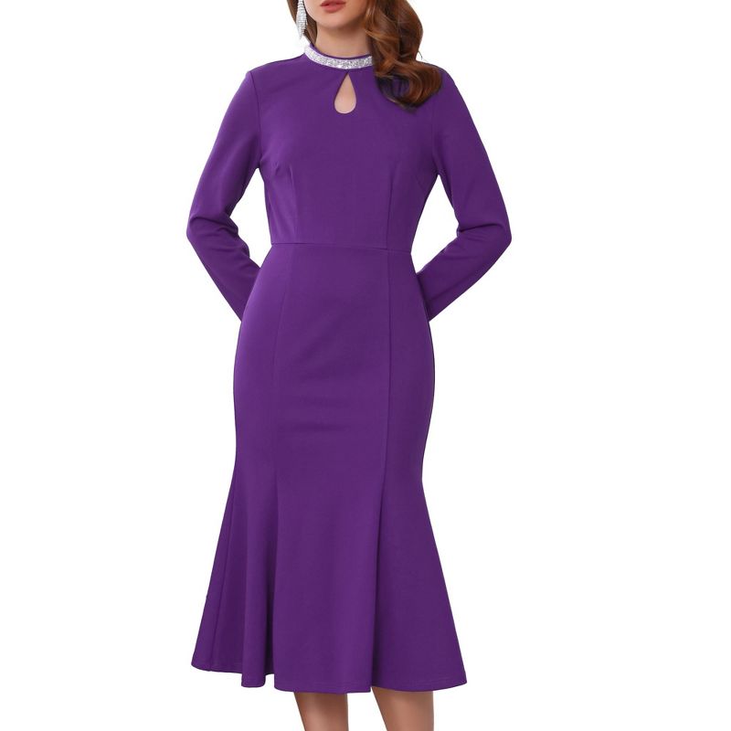 INSPIRE CHIC Women's Evening Fishtail Long Sleeve Sequin Trim Bodycon Formal Cocktail Midi Dresses Large Purple