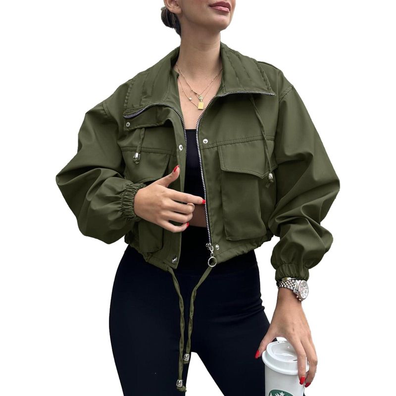 Imily Bela Womens Cropped Jacket Zip Up Lightweight Oversized Utility Anorak Coat with Pockets Armygreen L
