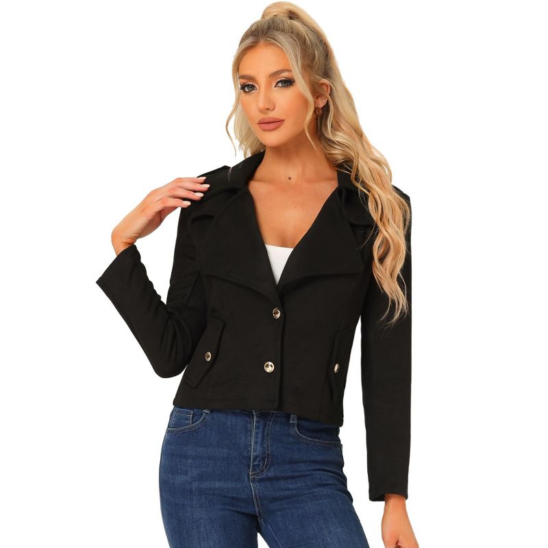 Allegra K Women's Faux Suede Lapel Collar Moto Biker Jacket Black Small