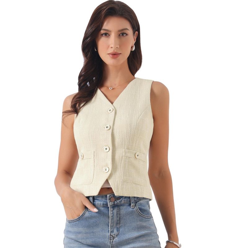 INSPIRE CHIC Women's Tweed Work V Neck Sleeveless Button Down Office Cropped Waistcoat Small Beige
