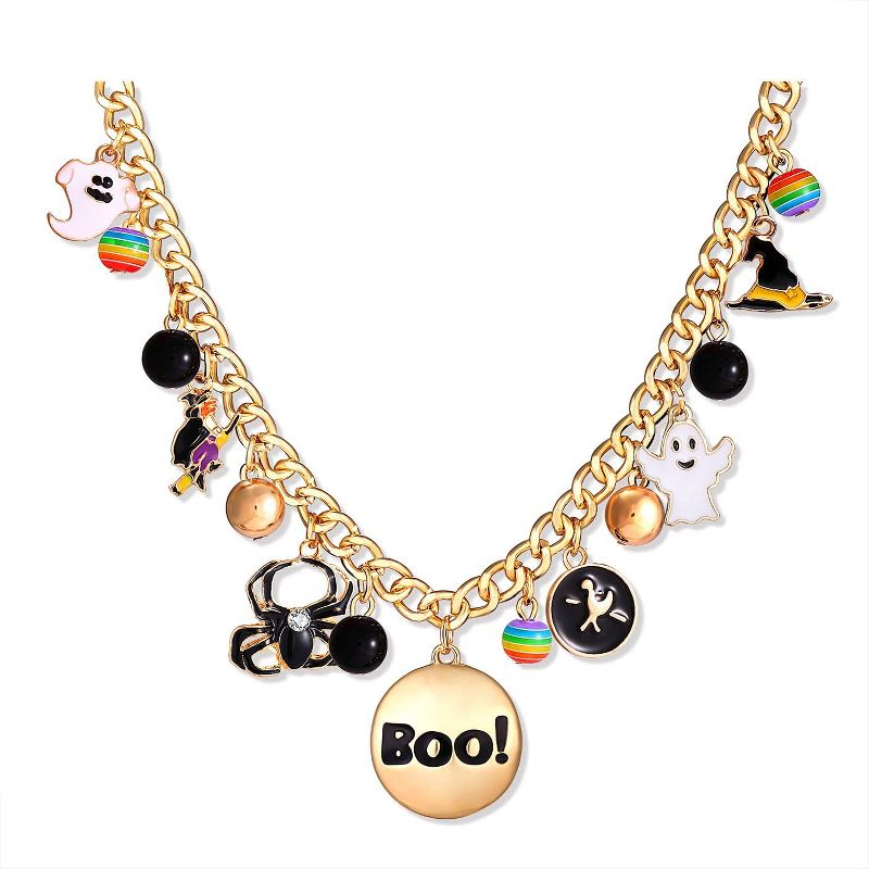 Halloween Pumpkin Pendant Necklace Witch Cat Charms Necklace Party Ghost Long Chain Necklaces for Women Gold One Size