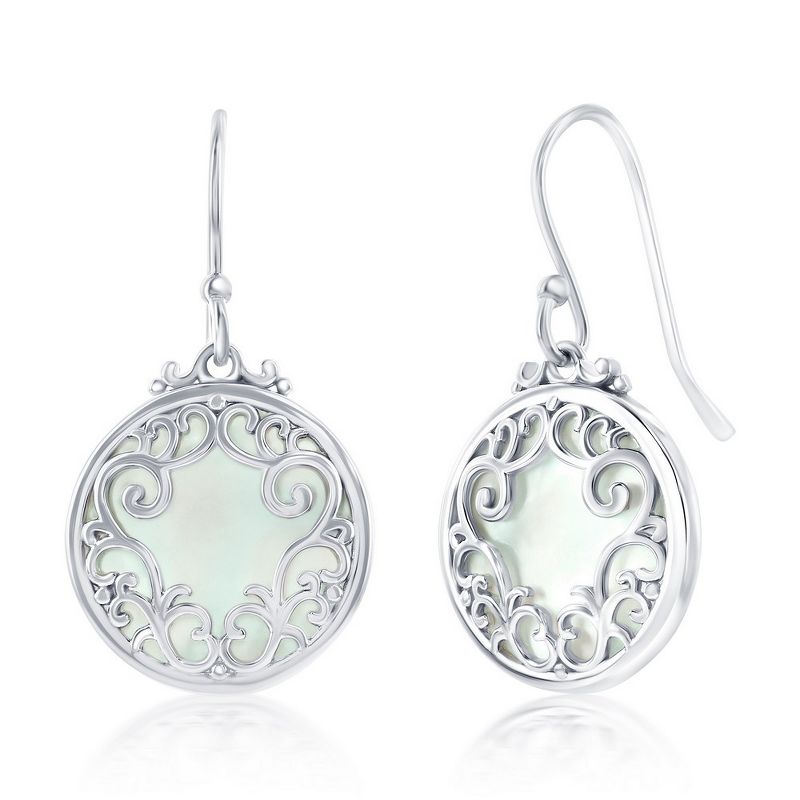Bella Silver Sterling Silver, Round MOP Filigree Design Earrings - White
