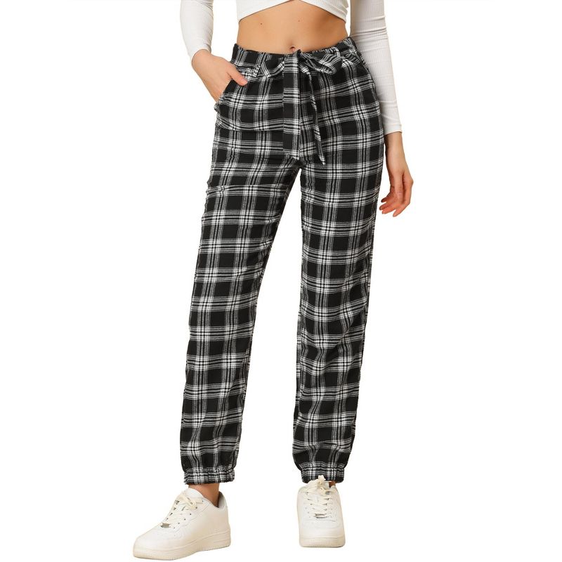 Allegra K Women's Elastic High Waist Leisure Plaid Pants with Pockets Black Large