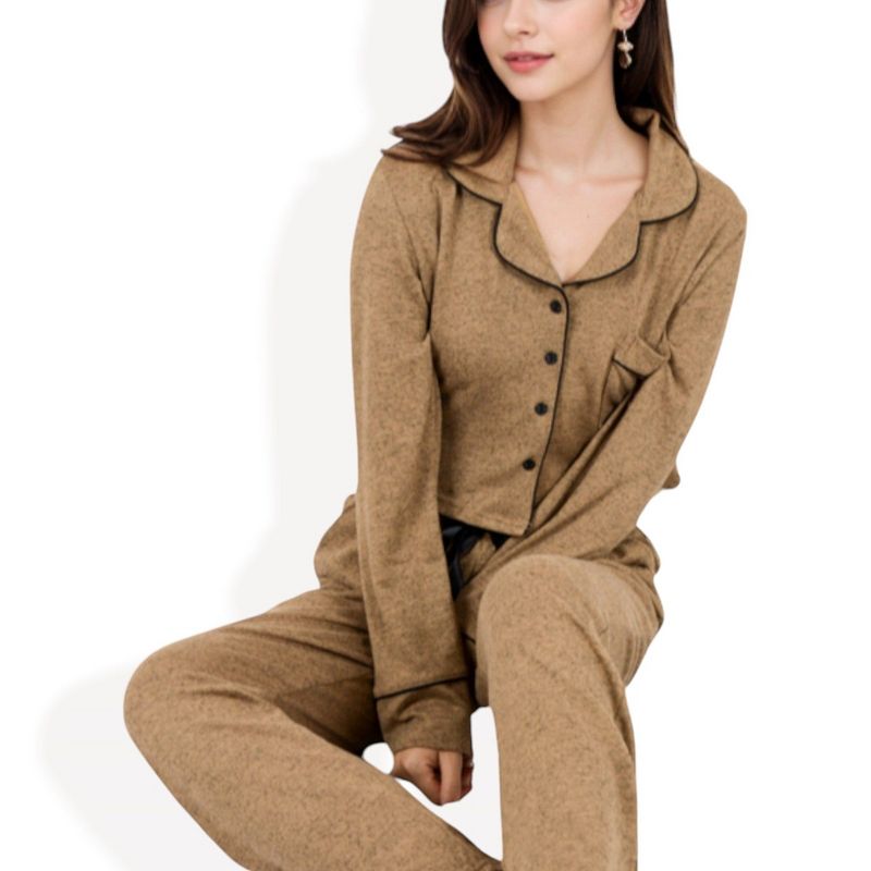 Anna-Kaci Lounge Women's Long Sleeve Button-Up Pajama Set with Piped Trim Details and Relaxed Fit - Medium, Khaki
