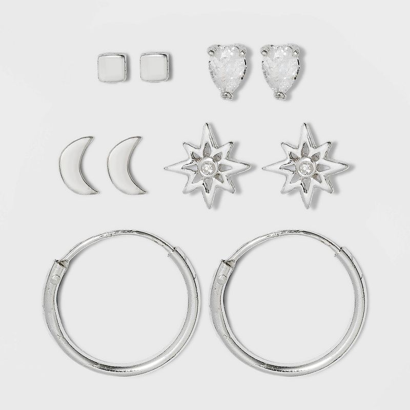 Sterling Silver with Cubic Zirconia Star, Moon, Tear Drop and Endless Hoop Stud Earring Set 5pc - A New Day™ Silver: Hypoallergenic, Nickel-Free