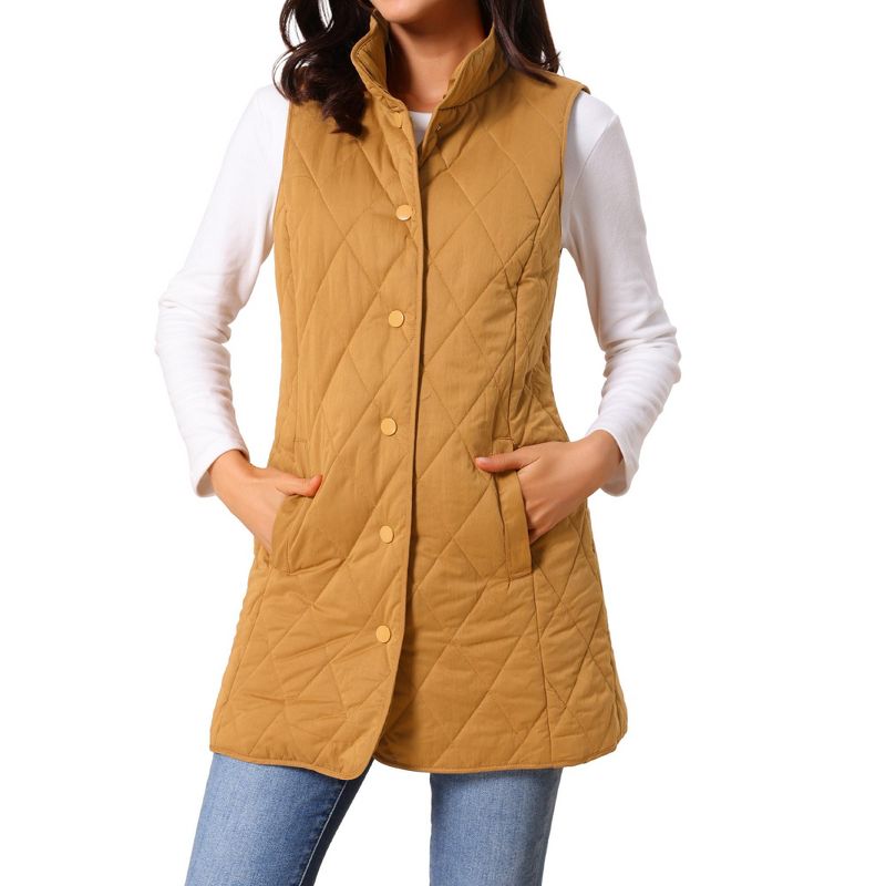 INSPIRE CHIC Women's Winter Stand Collar Sleeveless Lightweight Gilet Quilted Long Puffer Vest Brown Small