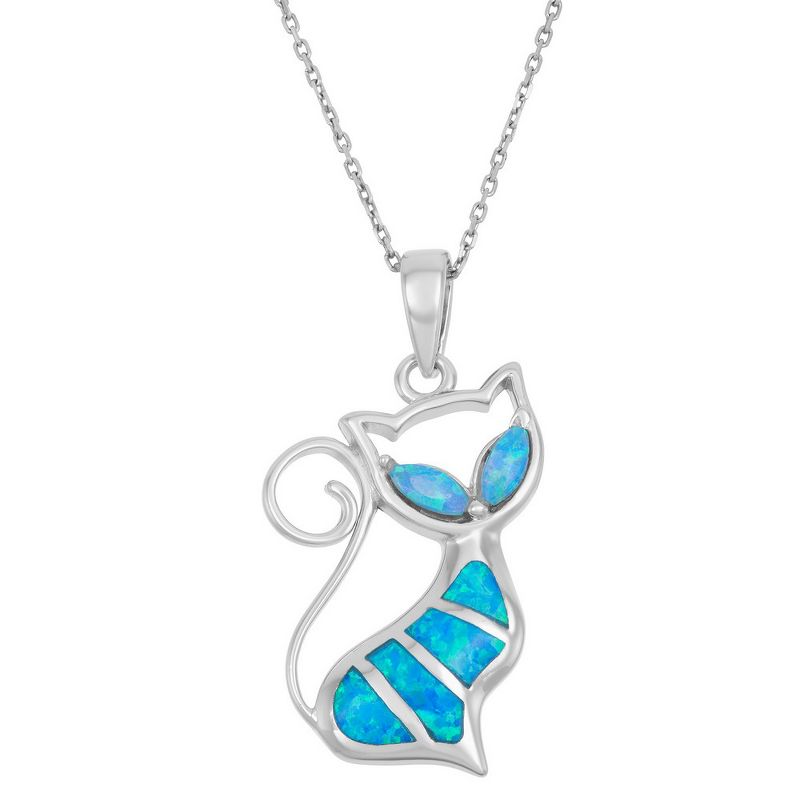 Opalata Sterling Silver Blue Inlay Opal Cat 18" Pendant Necklace - Blue