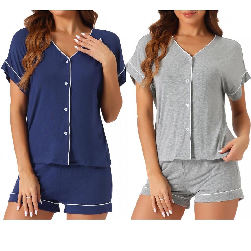 cheibear Women's Modal Button Up Short Sleeve T-shirt and Shorts Pajama Sets 2 Pcs Light Gray/Navy Blue X-Small