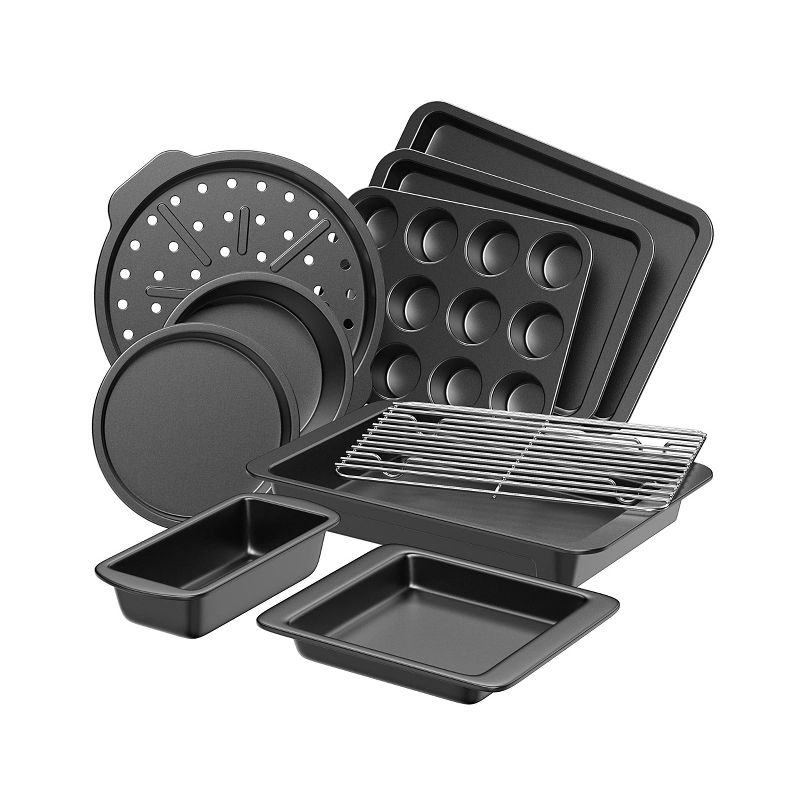 Itopfox 10-Piece Nonstick Bakeware Set with Cooling Rack, Cookie Sheet, Cake Pans, Loaf Pan, Muffin Pan & Pizza Pan - Grey, Wide Grips