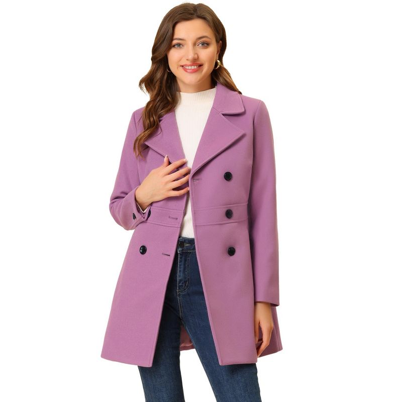 Allegra K Women's Notched Lapel Double Breasted Long Trench Coat Purple Large